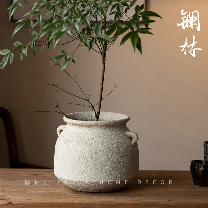 景德镇复古侘寂陶罐花瓶粗陶花器多肉绿植种植盆名宿酒店装饰青雾
