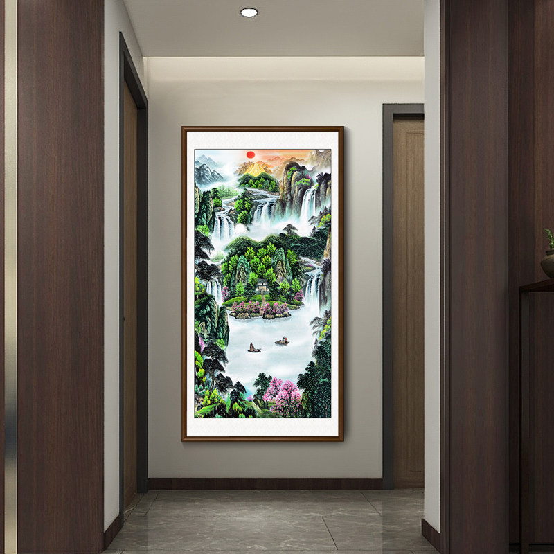 聚宝盆山水画新中式进门玄关装饰画竖版挂画走廊尽头过道壁画国画