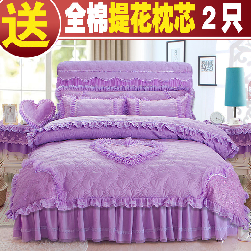 加厚夹棉蕾丝公主床裙四件套加厚被套1.8m床罩式婚庆四件套床品