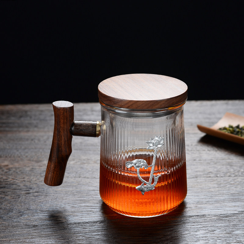 木把玻璃杯茶水分离花茶杯办公室梅花水杯家用耐热带盖带手把杯子