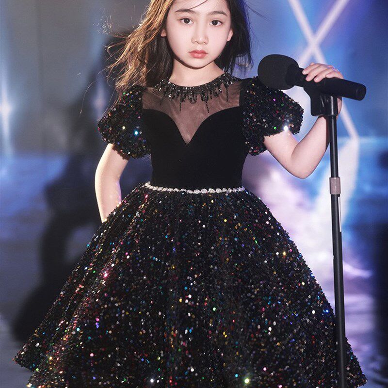 黑色晚礼服女童高端公主裙儿童朗诵主持人小提琴钢琴演奏表演出服