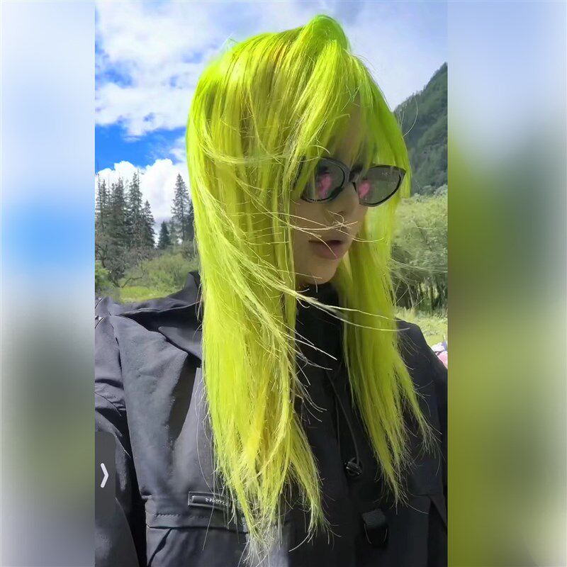 蜥蜴绿色假发女长发全头套长直发荧光绿亚比y2k长直发lolita彩jk