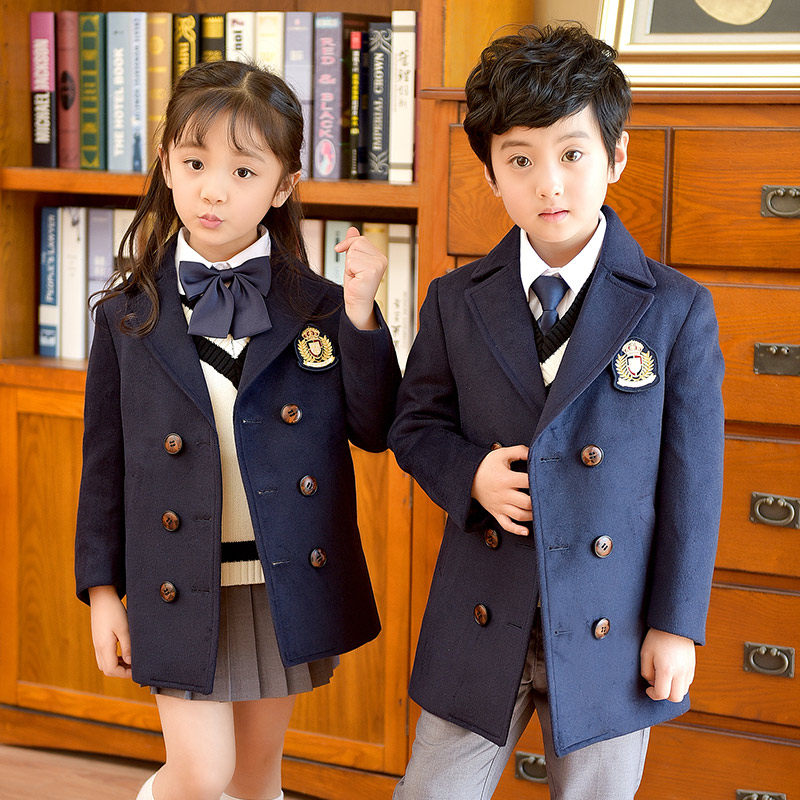 班服外套秋冬季英伦风毛呢子大衣儿童装幼儿园园服小学生校服套装
