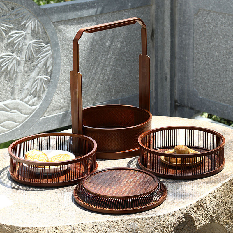 竹制品手工竹编提篮三层红篮复古食盒多层送餐篮野餐篮婚庆篮道具
