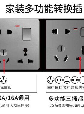 国际通用86型银灰色一开八孔插座暗装6孔8孔带开关10a16a电源面板