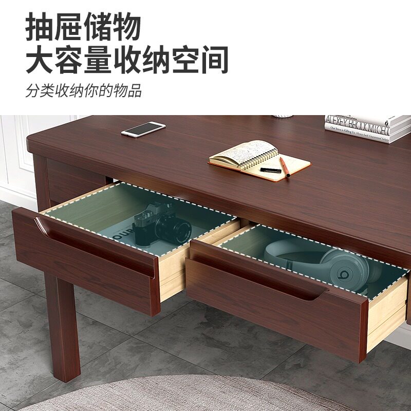纯实木电脑桌家用书房办公桌卧室简易书桌学生学习桌带抽屉长桌子图片