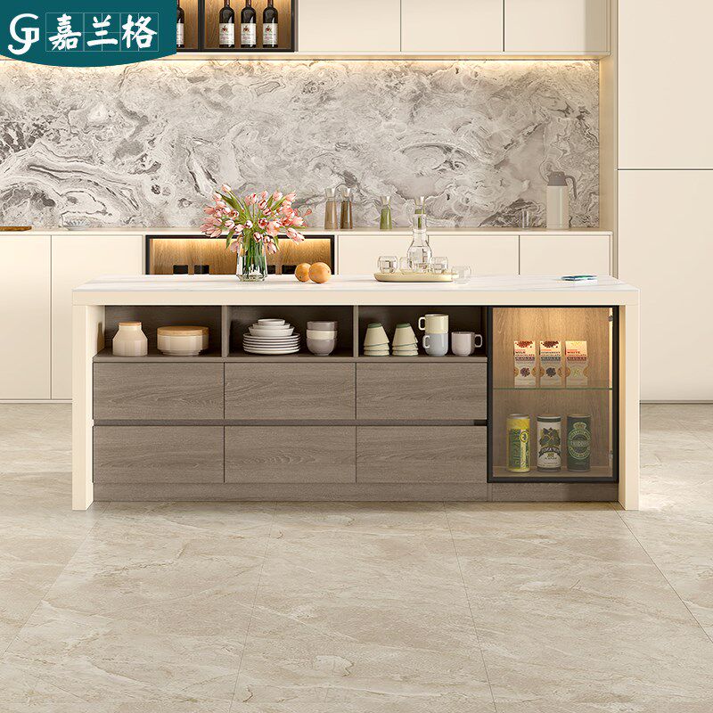客厅吧台桌隔断柜开放式岩板中岛台餐桌一体岛台柜料理台定制9E69