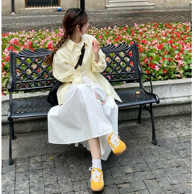 大码女装2024早春胖mm简约奶黄衬衫针织拼接背心连衣裙时尚两件套