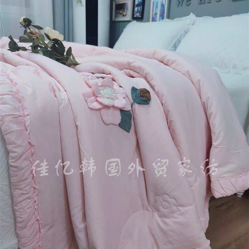 韩式纯棉柔软手工立体盘花菲边绗缝可机洗双人空调被春秋被盖被