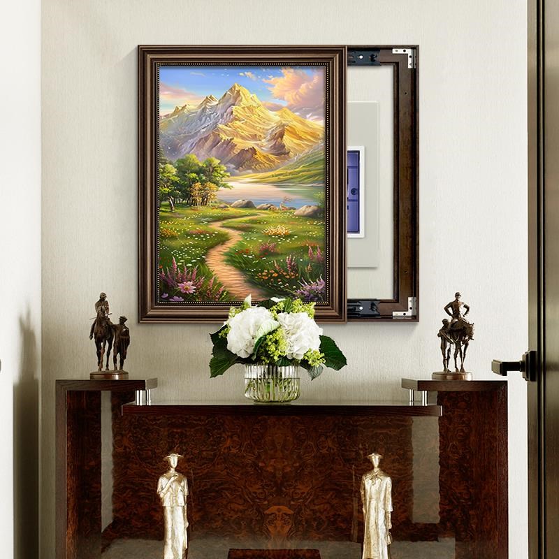 美式聚宝盆山水电表箱装饰画竖版轻奢高级感遮挡配电箱挂画免打孔