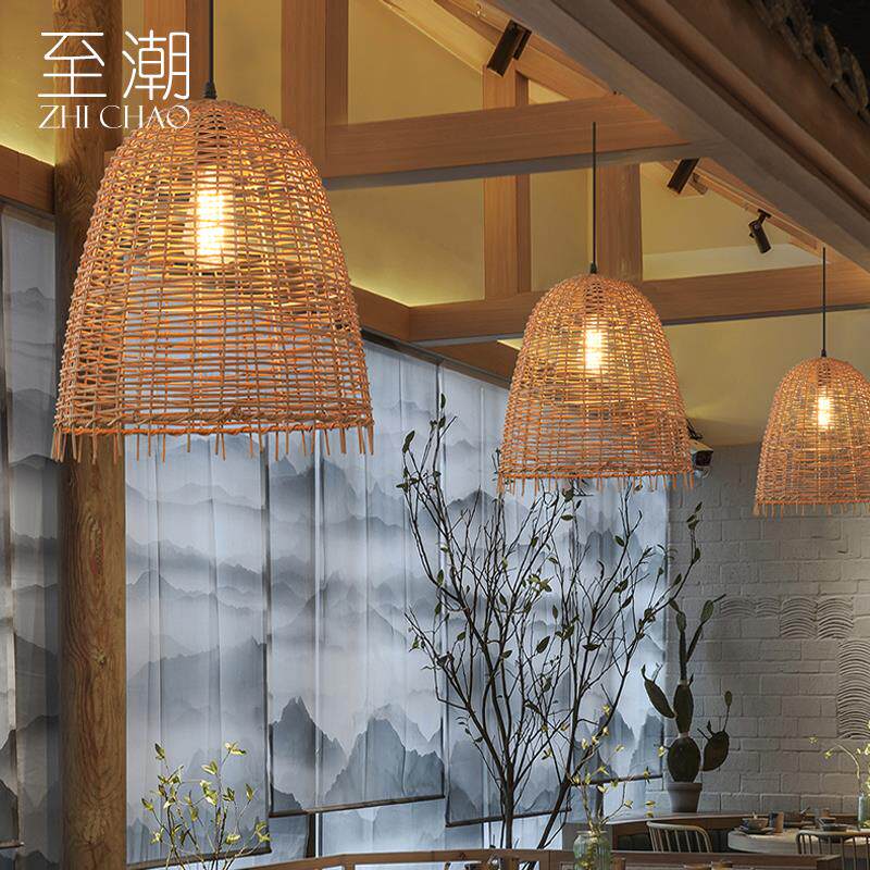 藤编吊灯复古禅意茶室餐厅吧台灯民宿中式田园日式榻榻米餐饮灯具