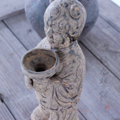 古代老烛台仿古做旧出土油灯盏 复古陶俑蜡烛台成对 摄影装饰摆件