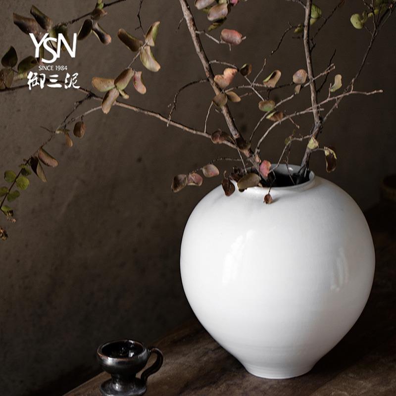 陶瓷侘寂花瓶养鲜花复古月亮瓶白色陶艺摆件小口瓶禅意插花干花瓶