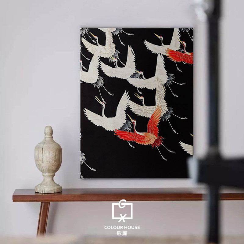 新中式复古红黑底白鹤中国风艺术装饰画卧室客厅餐大幅绷框挂画