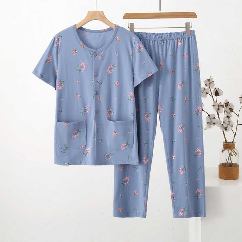 女纯棉短袖睡衣套装中老年人全棉家居服对襟妈妈夏季薄款宽松汗衫