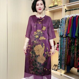 高档春夏妈妈装富贵牡丹真丝新中式长款连衣裙宽松大码中老年裙子