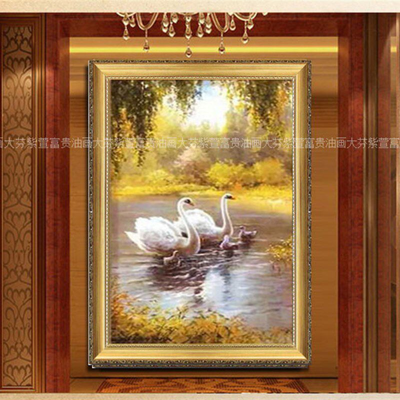 手绘欧式风景画客厅酒店书房餐厅玄关油画温馨天鹅湖家居挂画