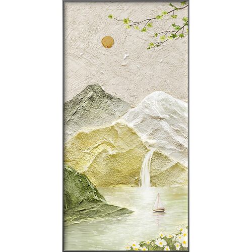 流水生财玄关装饰画走廊过道挂画2023新款入户玄幻山水壁画奶油风