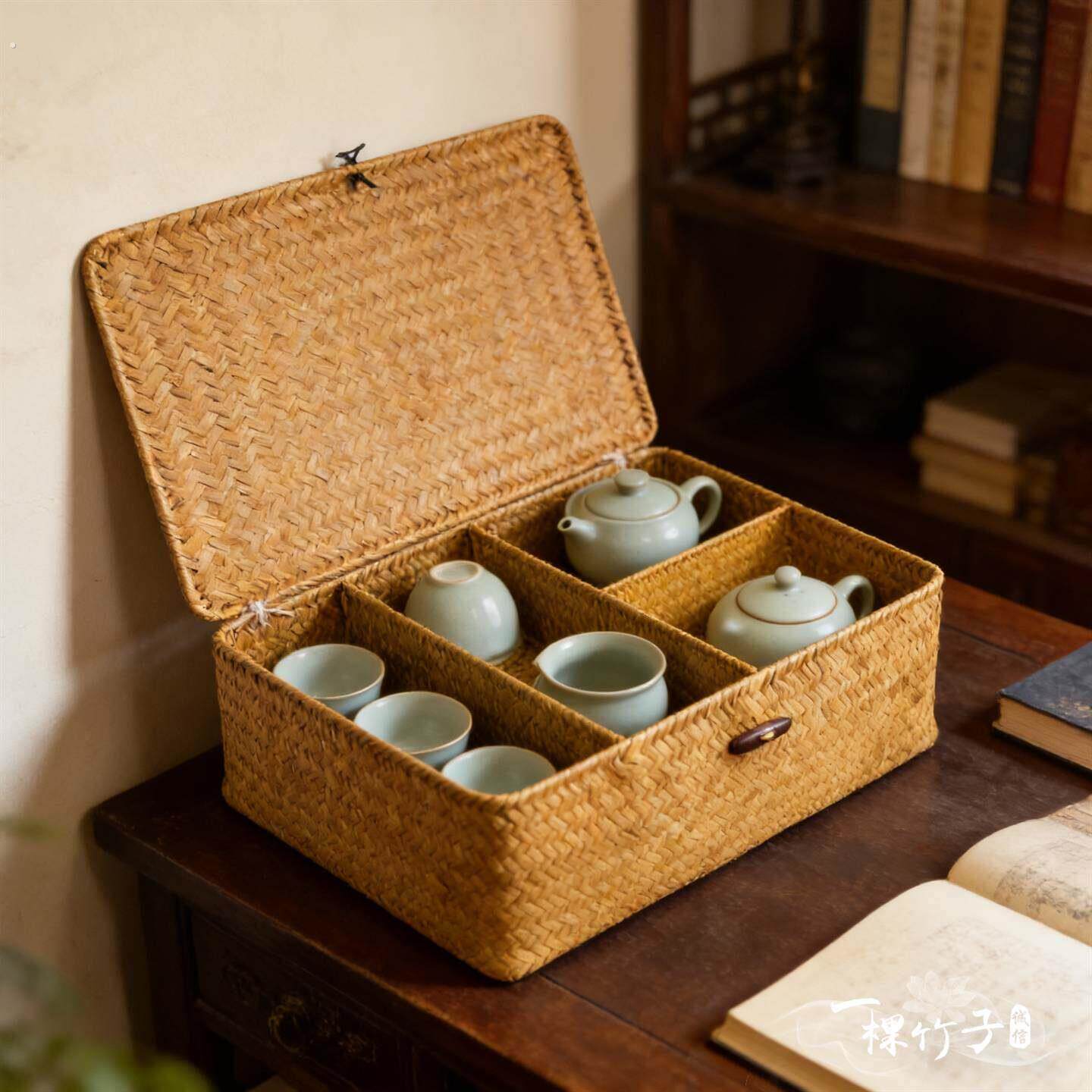 草编功夫茶具收纳盒有盖防尘茶杯架茶壶箱茶道便携家用整理置物筐