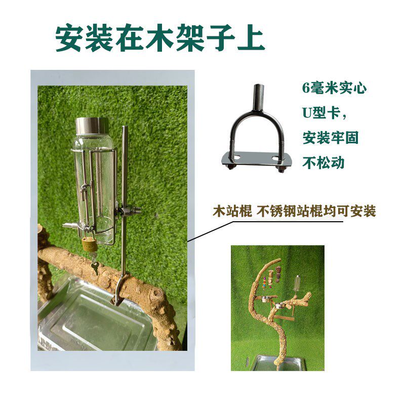 鹦鹉站架水壶 防叼水壶 撞针式 高硼硅玻璃水壶 宠物鸟鹦鹉饮水器