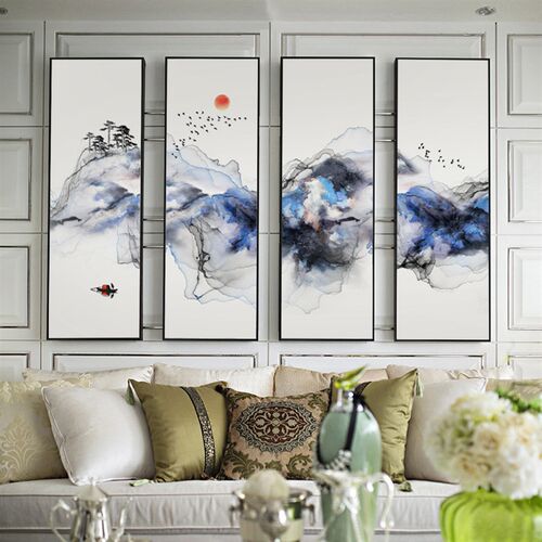 新中式挂画水墨禅境线条抽象装饰画走廊过道壁画客厅三联画大堂