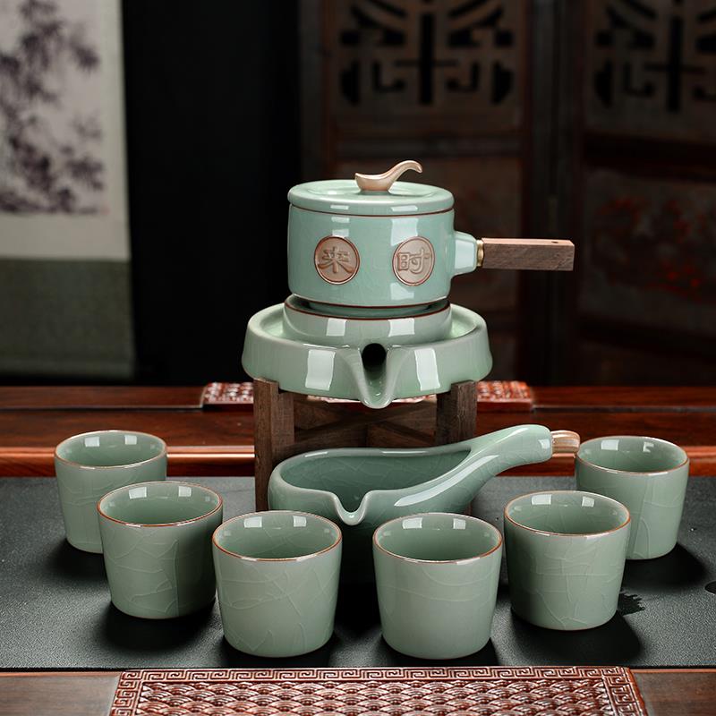 汝窑懒人石磨半自动功夫茶具茶杯套装泡茶神器陶瓷茶道茶盘配件