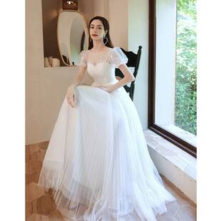 2026新款公主新娘泡泡袖轻婚纱白色伴娘服气质演出走秀主持人礼服