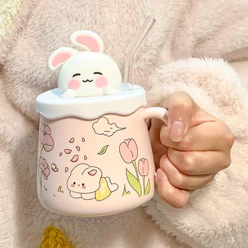 兔子吸管马克杯带盖高颜值可爱少儿水杯家用陶瓷杯子女生生日礼物