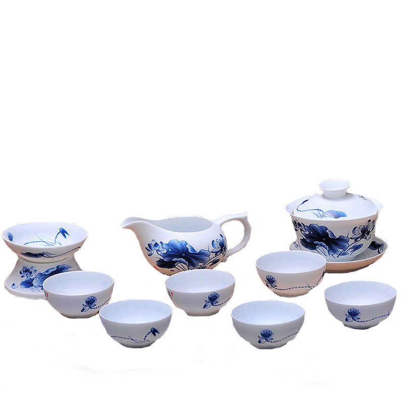 薄胎骨瓷荷花功夫茶具套装高档盖碗青花家用中式简约磨砂白瓷整套
