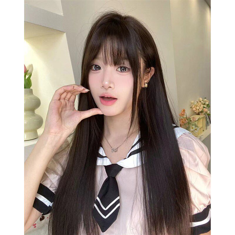 束朵黑茶色全头套甜美风假发 JK清纯长直发Lolita风格整顶假发套