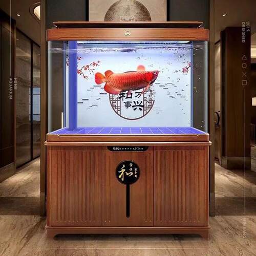 闽江大型底过滤鱼缸客厅家用新中式复古热弯弧形玻璃落地龙鱼缸