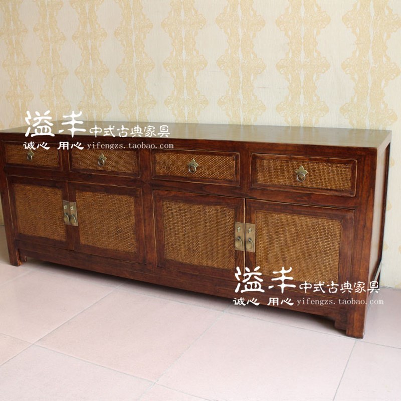 新中式仿古典家具实木餐边柜子藤席面装饰客厅柜储物落地电视矮柜