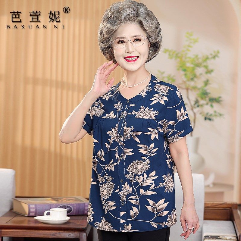 中老年人女装奶奶夏装短袖衬衫老人妈妈套装宽松大码棉绸t恤上衣