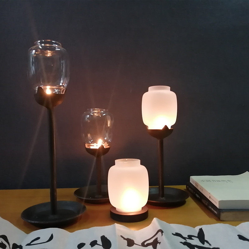 烛台 复古禅意烛灯 酥油灯 铸铁玻璃蜡烛 灯 摄影茶艺装饰道具