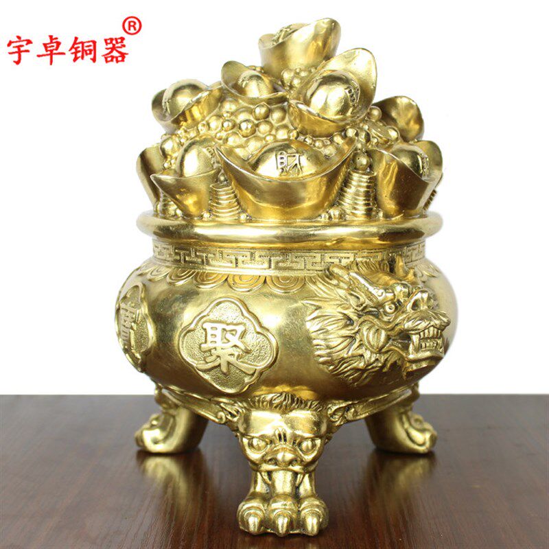 宇卓铜器纯铜聚宝盆黄铜聚宝盆三足元宝聚宝盆工艺品摆件