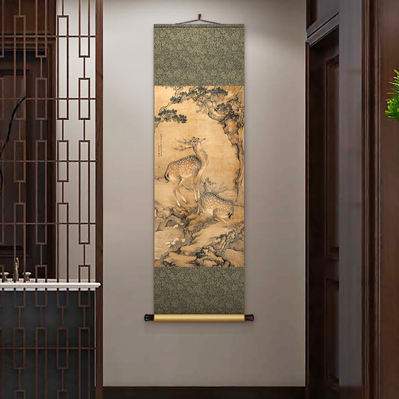 沈铨受天百禄图新中式丝绸卷轴挂画书房茶室装饰画九如图玄关壁画