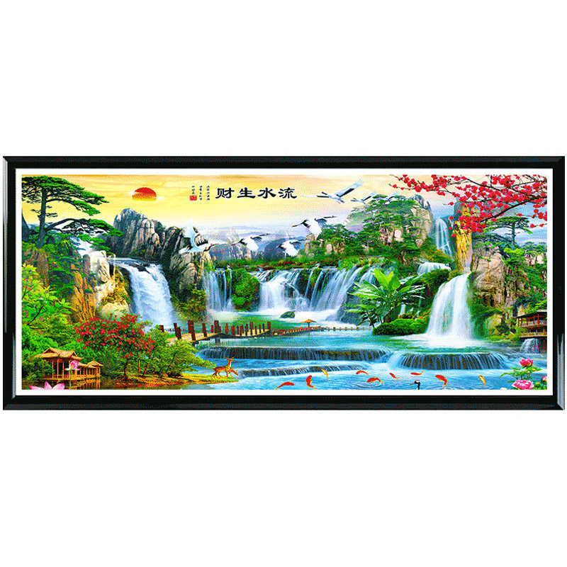 线绣迎客松十字绣2021新款客厅大幅手工绣山水风景画流水生财满绣