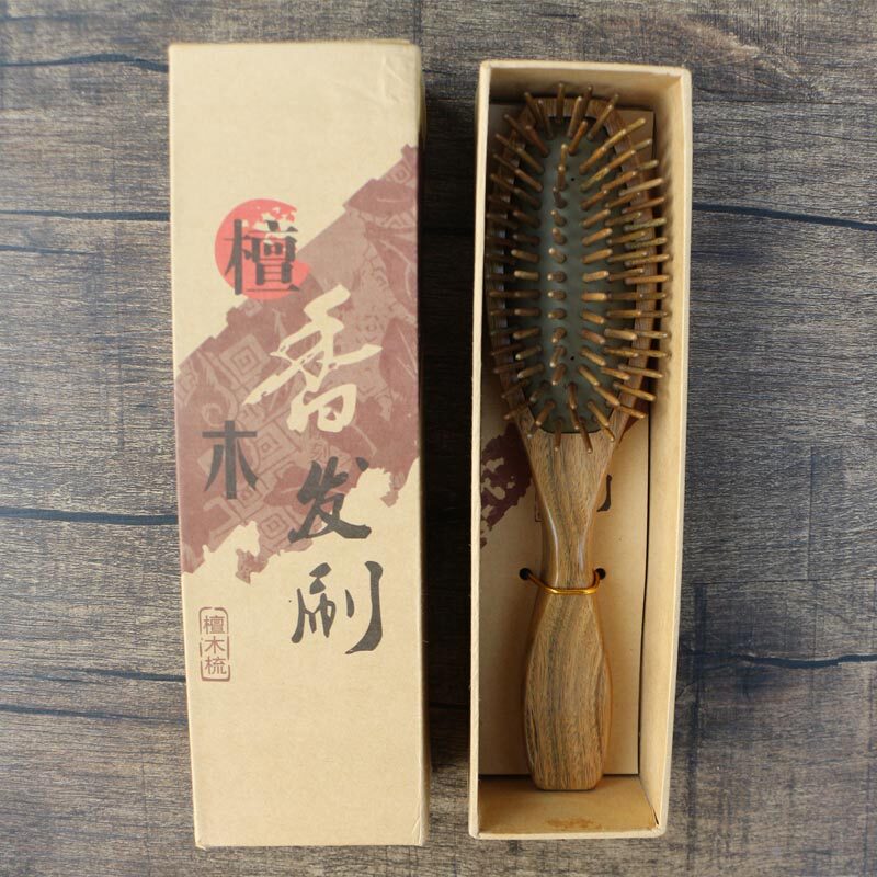 天然绿檀木梳子刷木梳卷发大板梳气囊按摩梳雕花美发防静电送礼盒