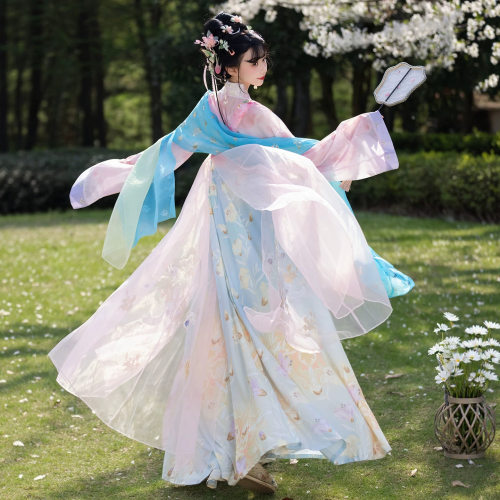 2026新款唐制汉服女莺花里粉色幻彩刺绣晕染齐胸襦裙飘逸中国古装