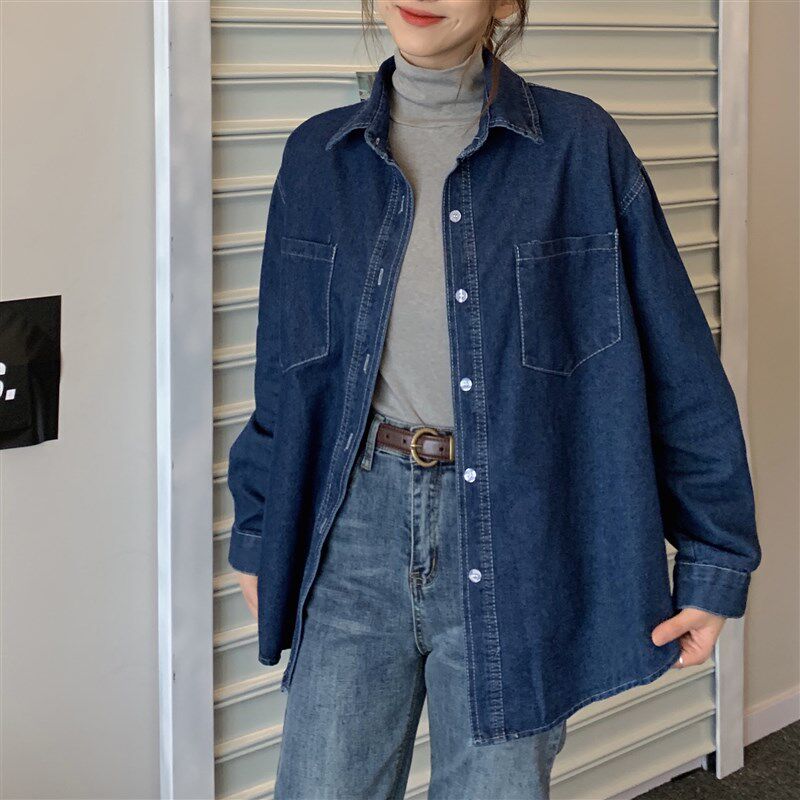 秋冬新款大码胖mm宽松复古港味长袖衬衫外穿中长款百搭牛仔外套女