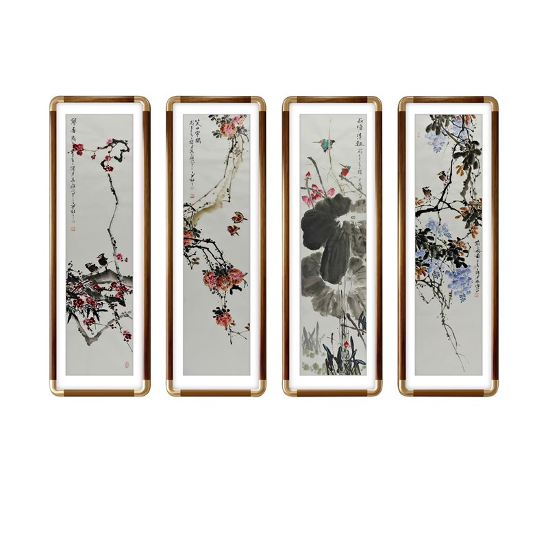国画客厅装饰画沙发背景墙壁画新中式玄关挂画四条屏水墨画