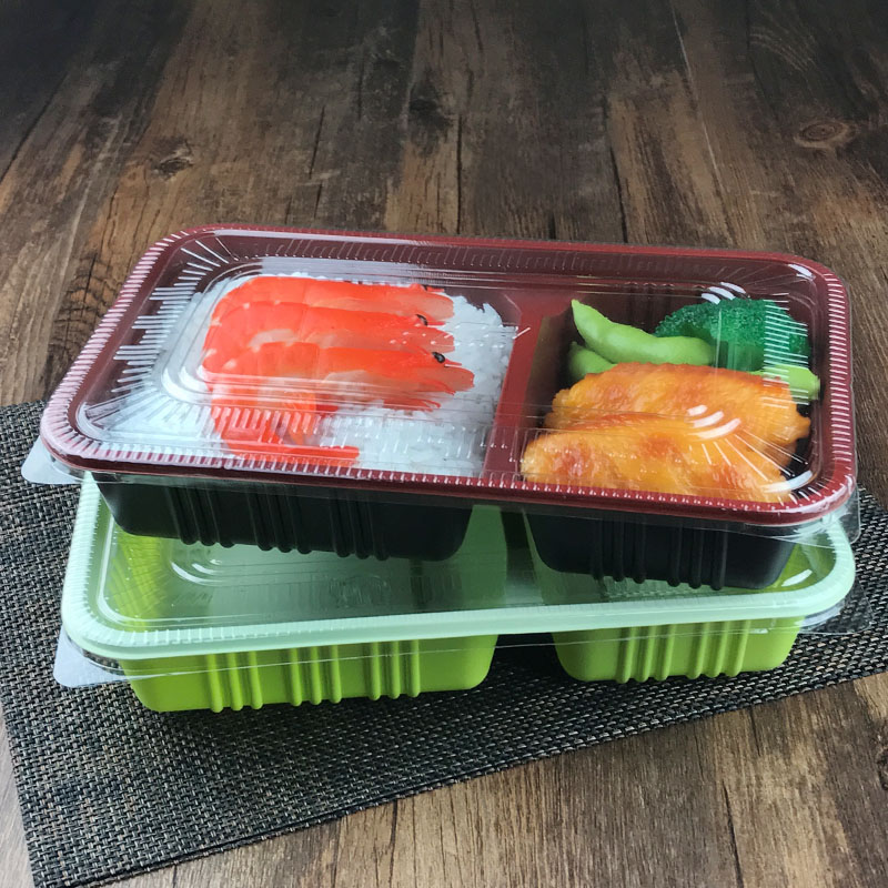 一次性餐盒子快餐外卖打包盒两格饭盒红黑绿白分格餐盒包邮500只