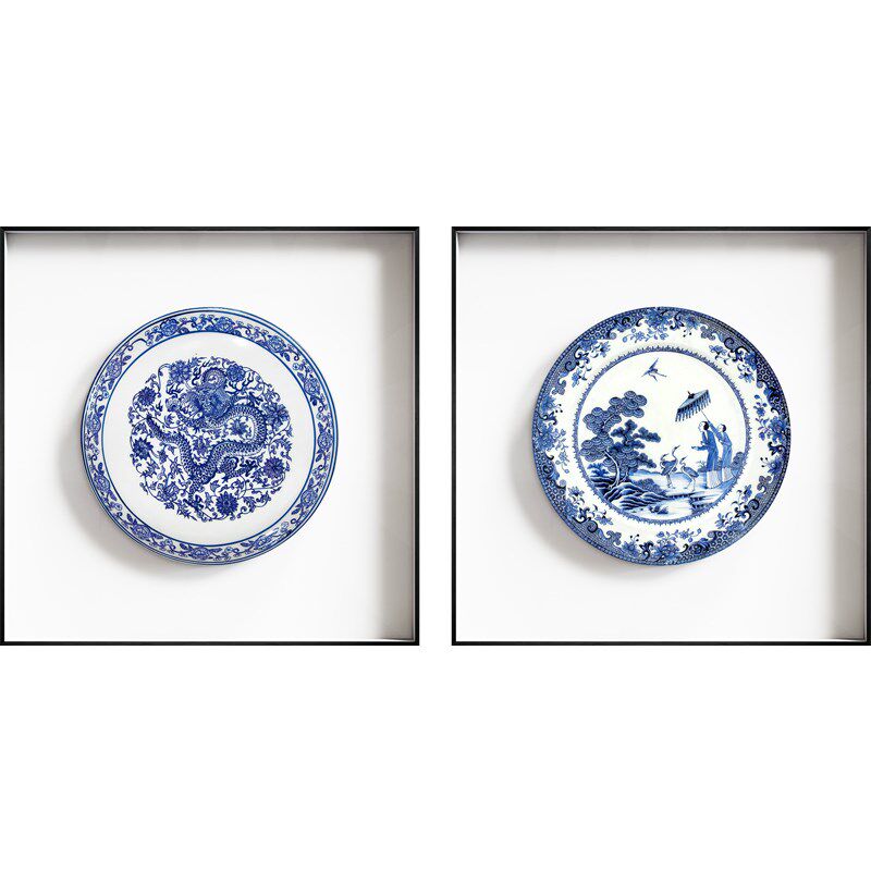网红青釉新中式客厅装饰画蓝色青花瓷玄关挂画中国风简约壁画
