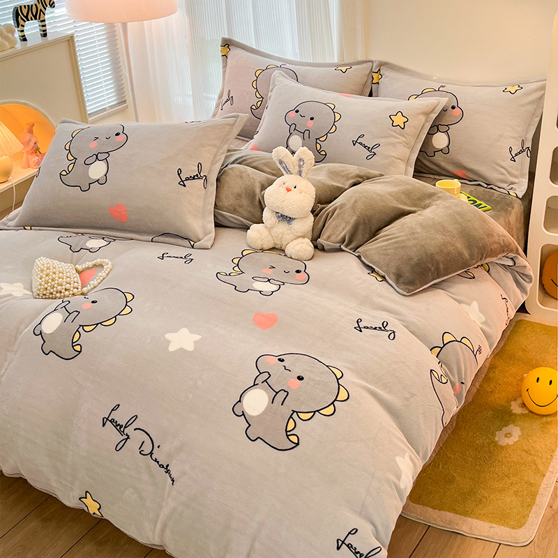 儿童卡通牛奶珊瑚绒被套单件冬季加绒加厚床单被罩三件套被单男孩