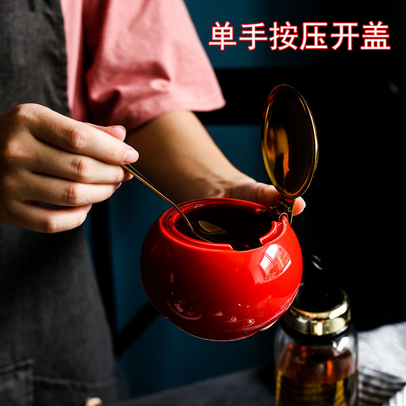 轻奢调味调料油泼辣子罐翻盖厨房盒家用瓶辣椒糖盐罐陶瓷罐子套装