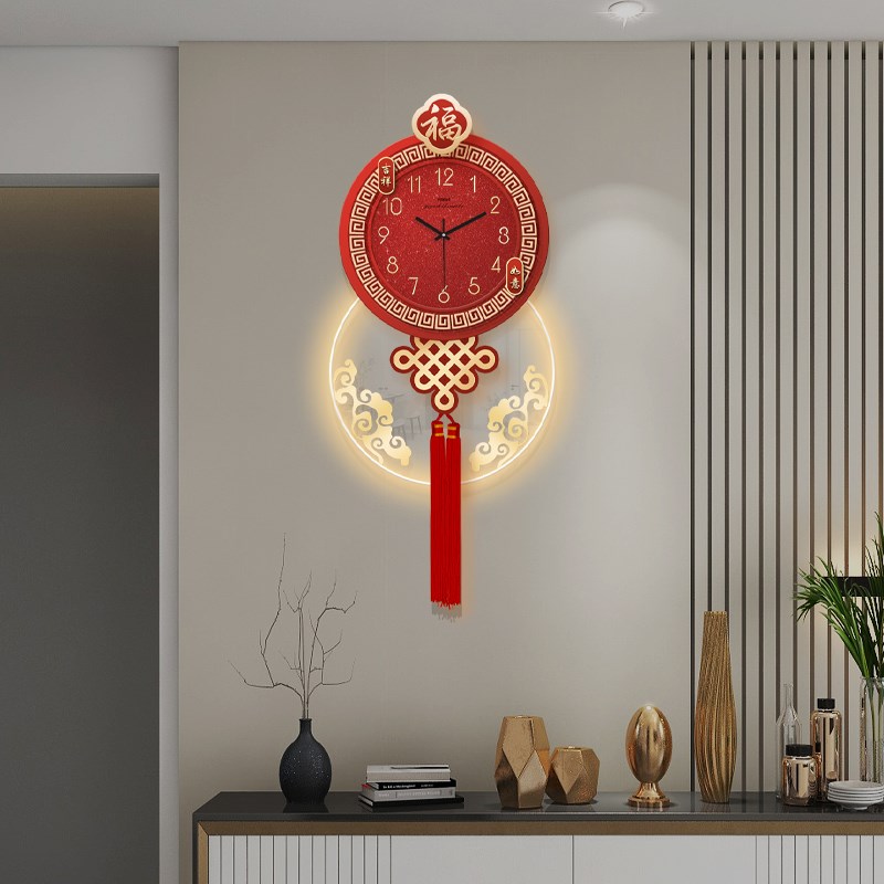 中国结钟表装饰画立体格栅背景墙壁灯挂钟画发光高级感时钟挂画表