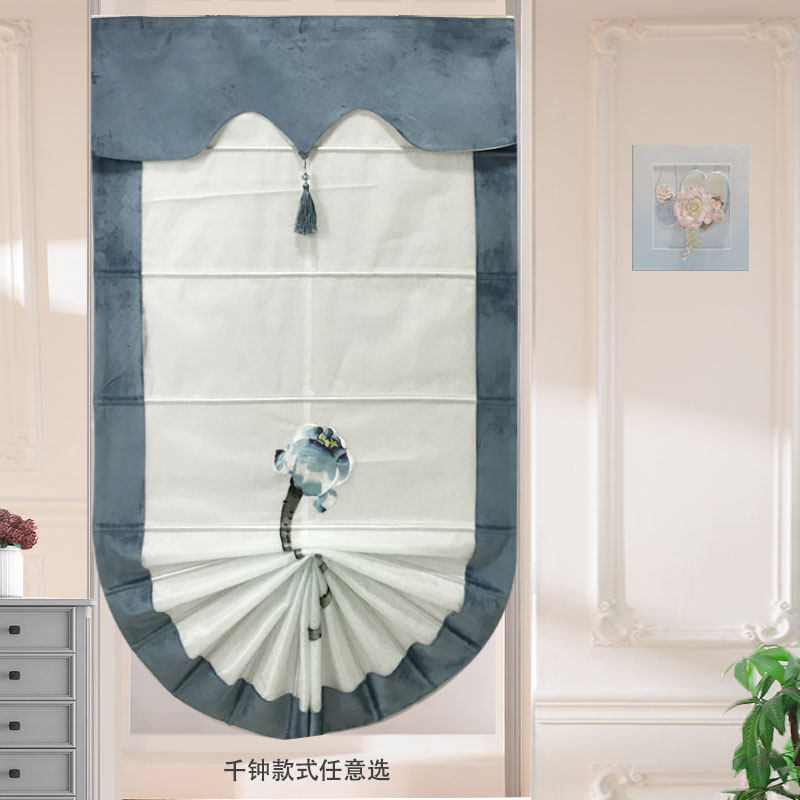 梦思园蓝色布纱拼接提拉升降布百叶帘 轻奢餐厅厨房楼梯间窗帘