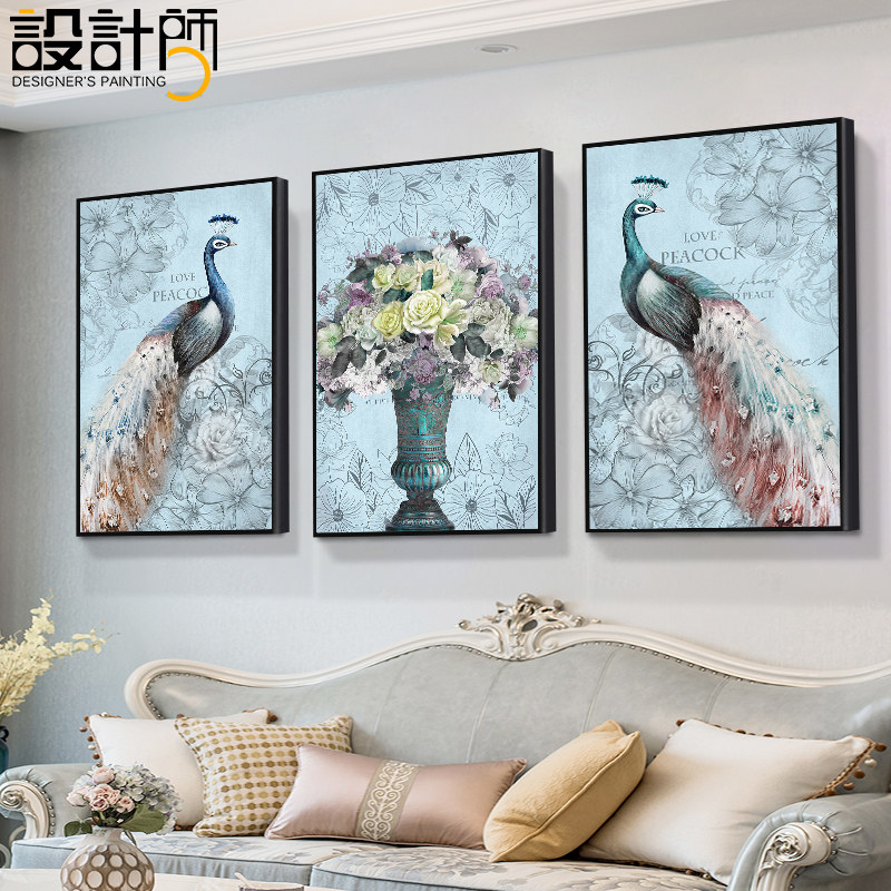 欧式客厅沙发背景墙装饰画孔雀挂画三联画寓意好美式卧室床头壁画