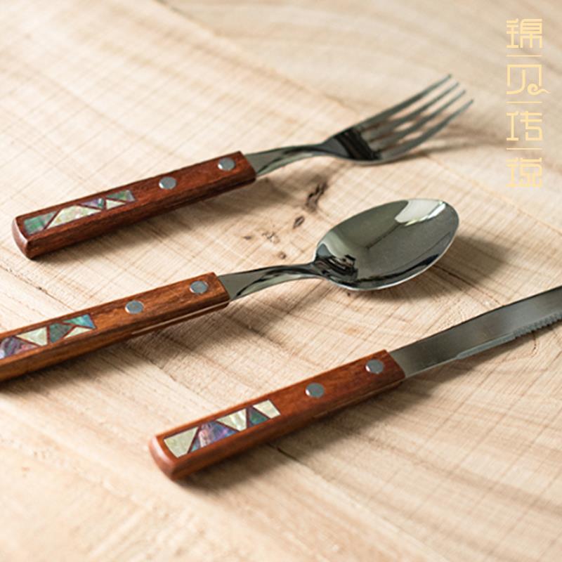 锦贝传说西餐餐具套装不锈钢实木柄牛排刀叉勺子餐厅甜品勺三件套