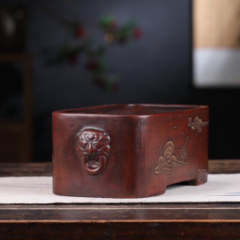 盆景盆紫砂花盆兽头长方盆多肉植物云竹盆手工精品仿古回流盆
